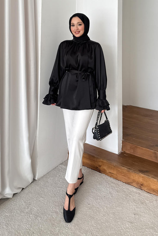 İpek Kol Detaylı Gömlek Siyah