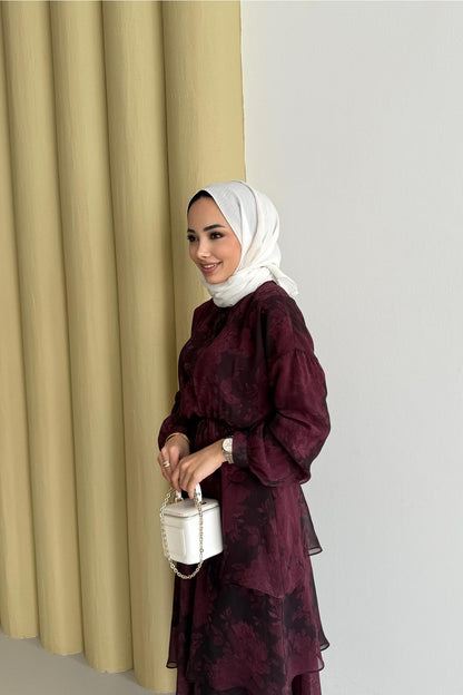 Nil Katlı Elbise Bordo