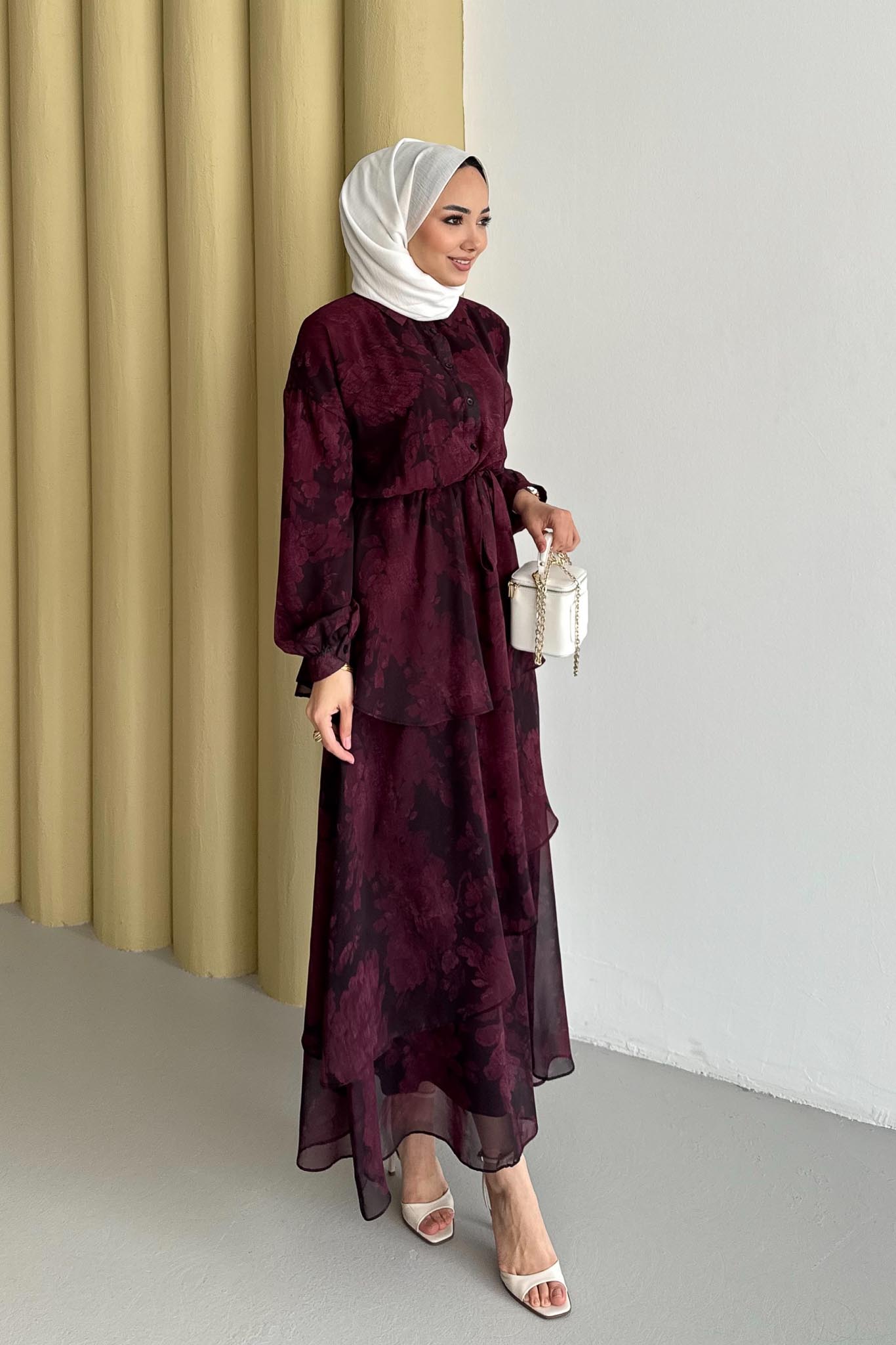 Nil Katlı Elbise Bordo