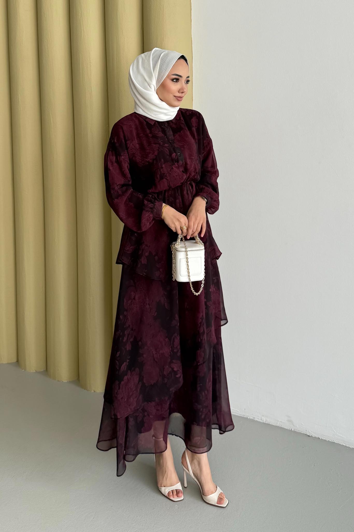 Nil Katlı Elbise Bordo