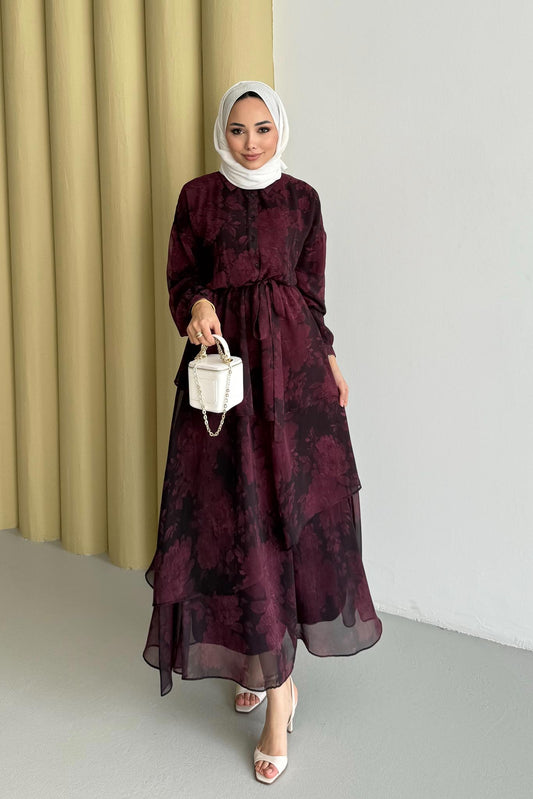 Nil Katlı Elbise Bordo