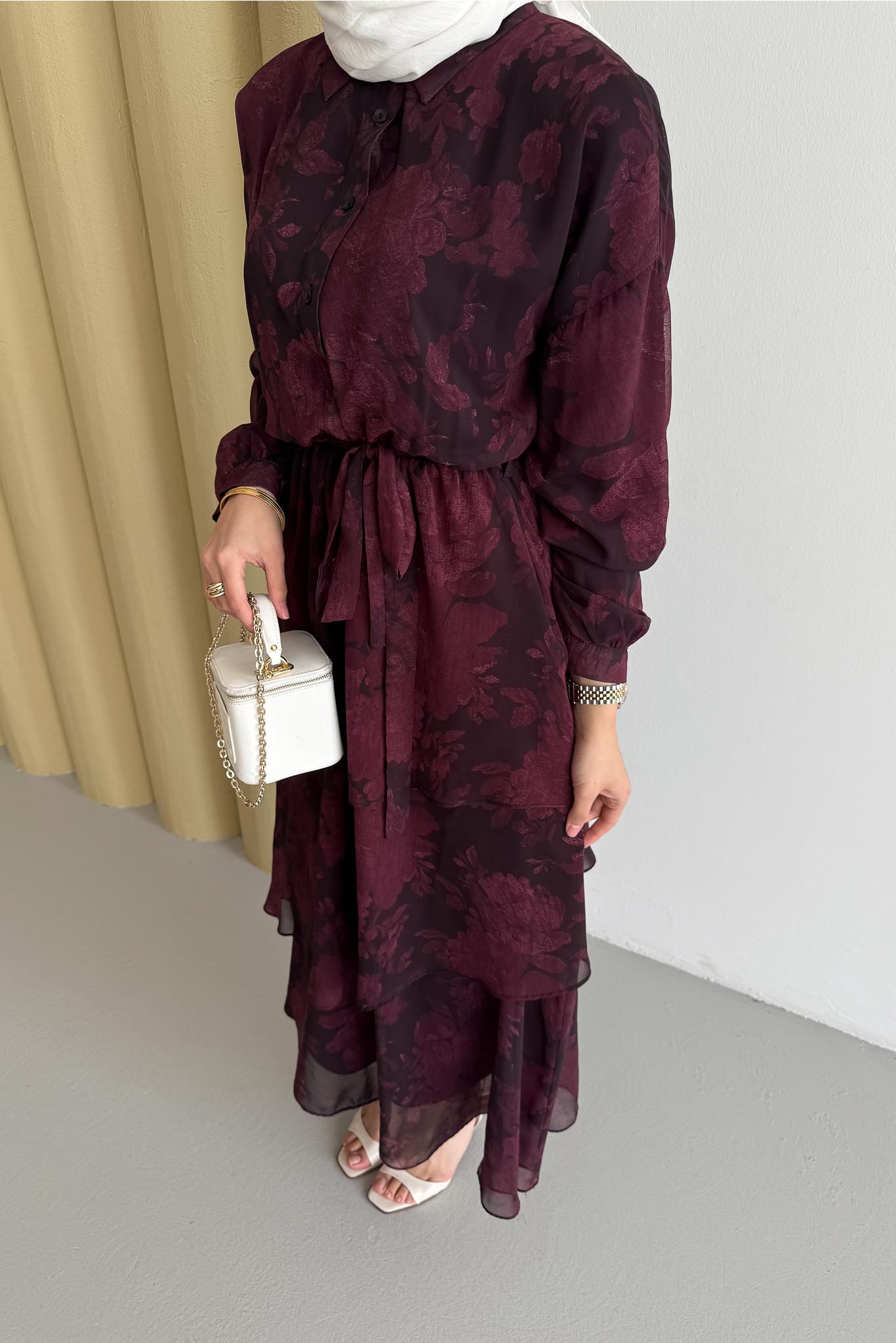 Nil Katlı Elbise Bordo