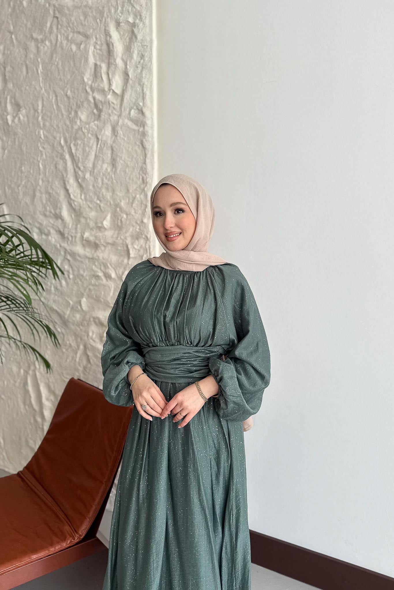 Simli Tencel Elbise Yeşil