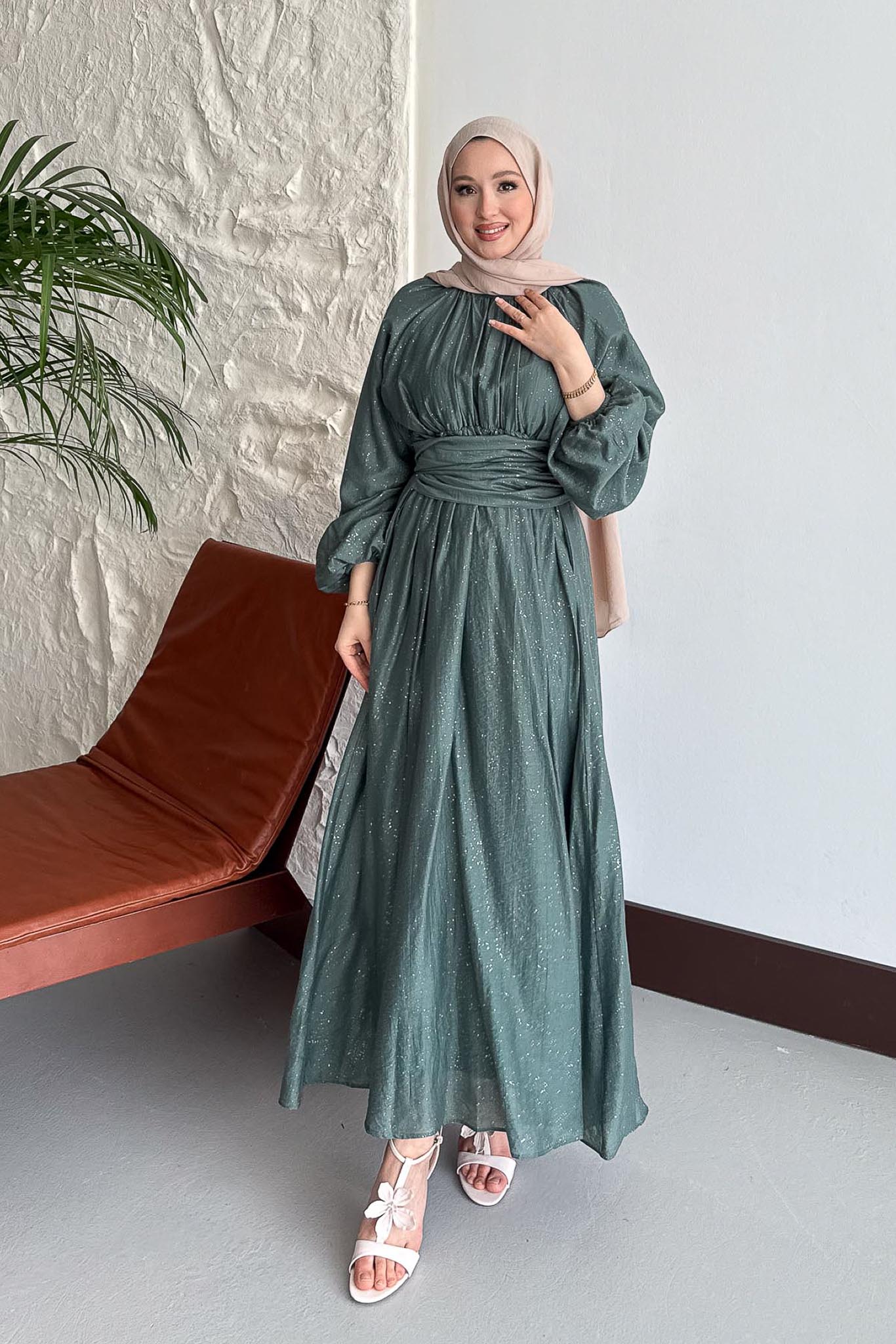 Simli Tencel Elbise Yeşil
