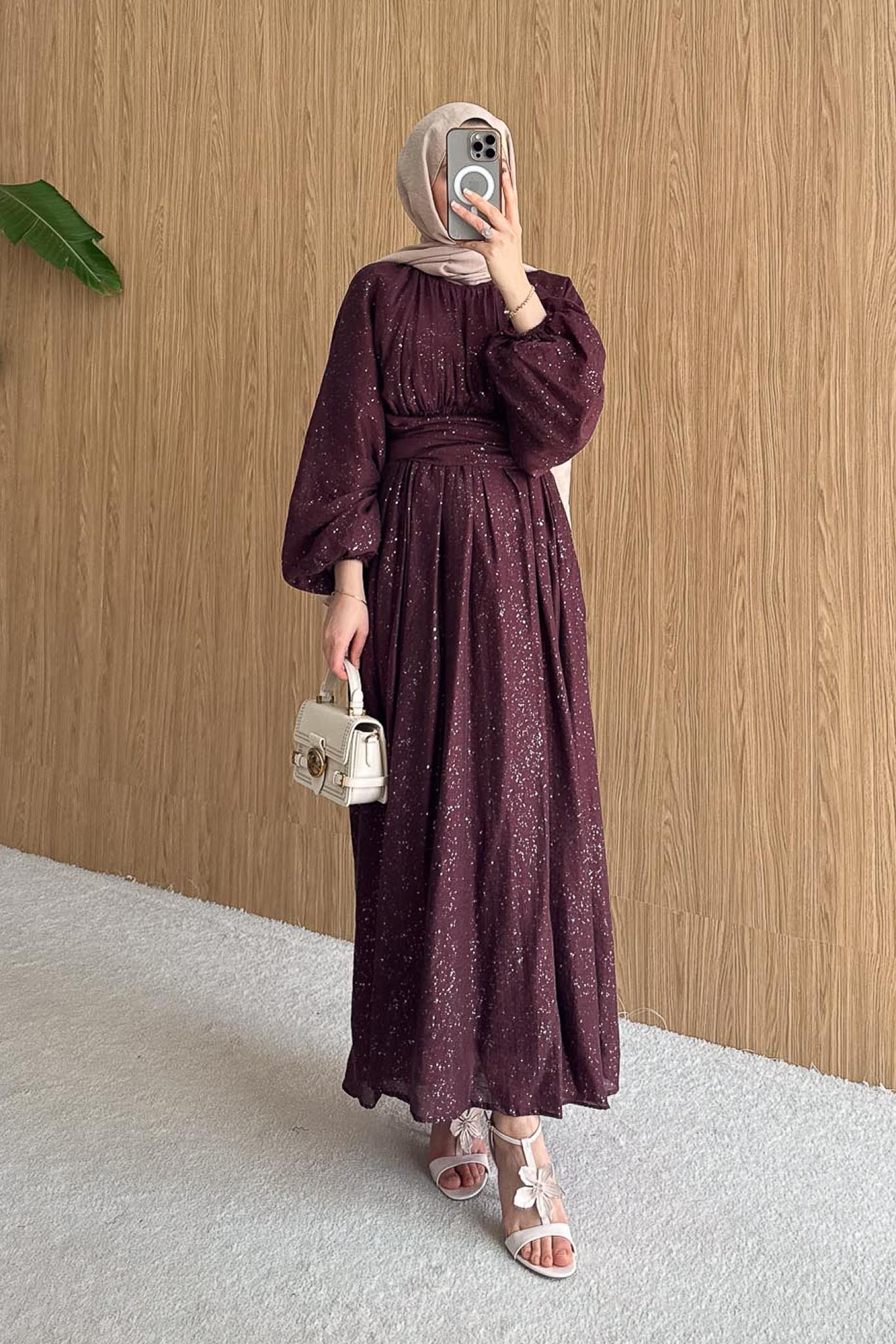 Simli Tencel Elbise Bordo