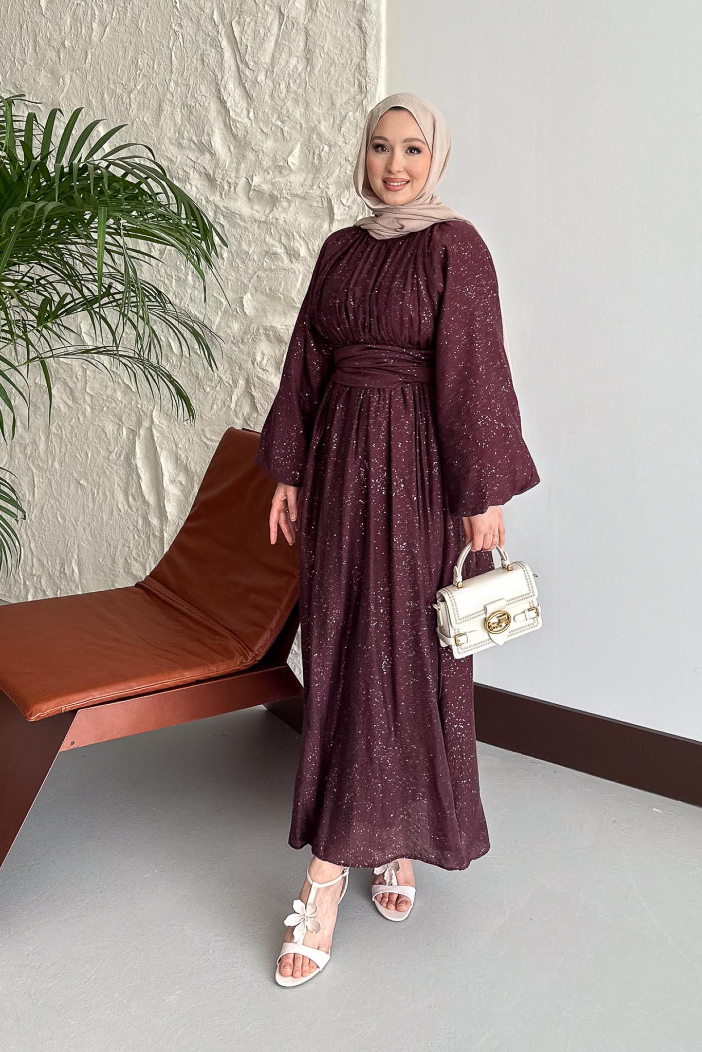 Simli Tencel Elbise Bordo