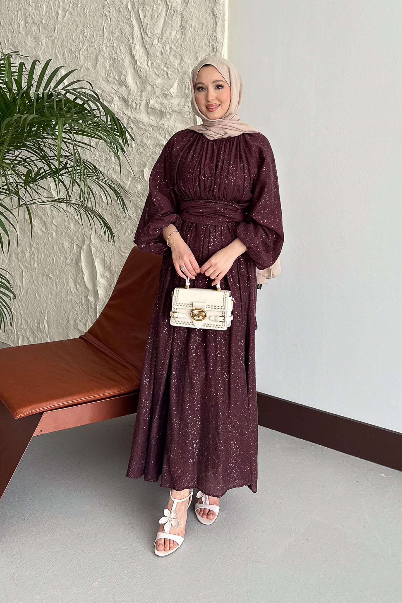 Simli Tencel Elbise Bordo