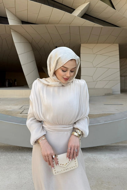 Simli Şifon Elbise Bej