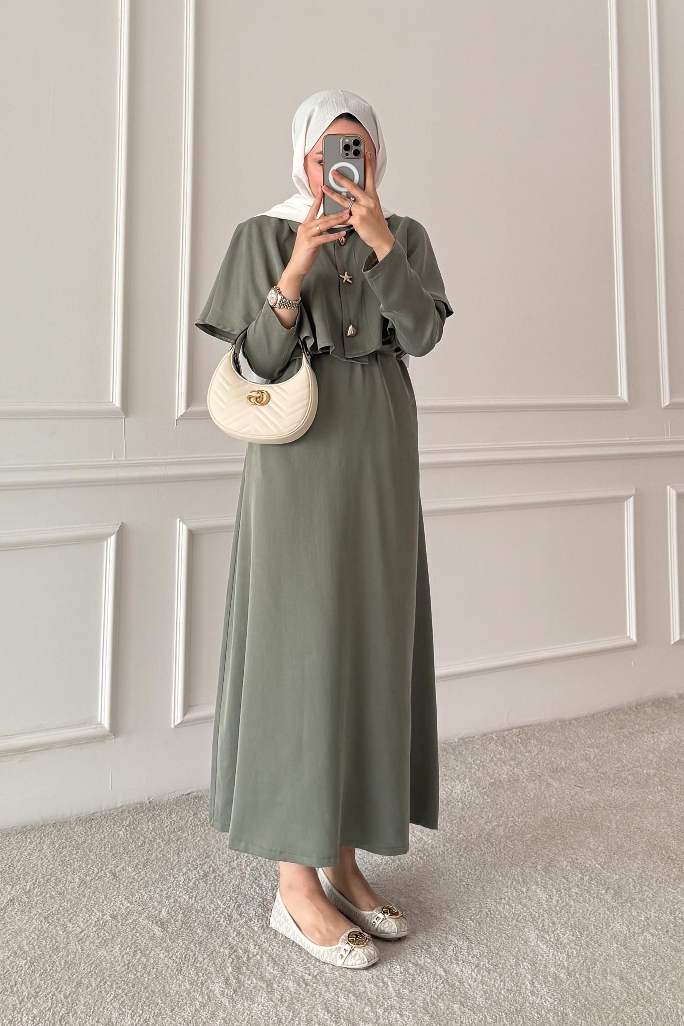 Sofia Broşlu Elbise Haki