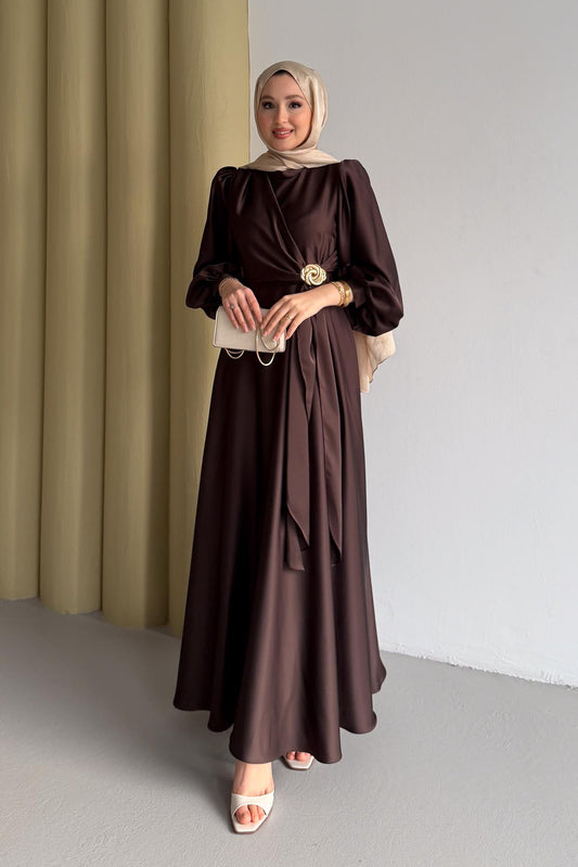 Şura Broş Saten Abiye Acı Kahverengi