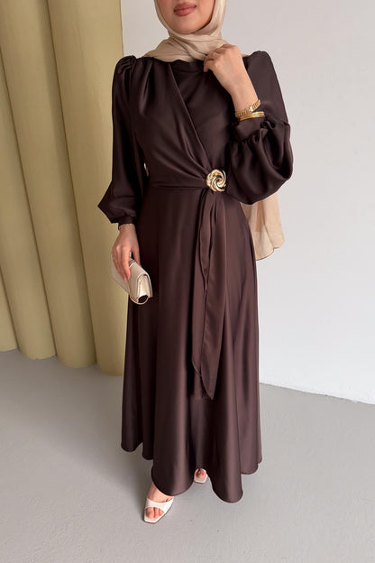 Şura Broş Saten Abiye Acı Kahverengi