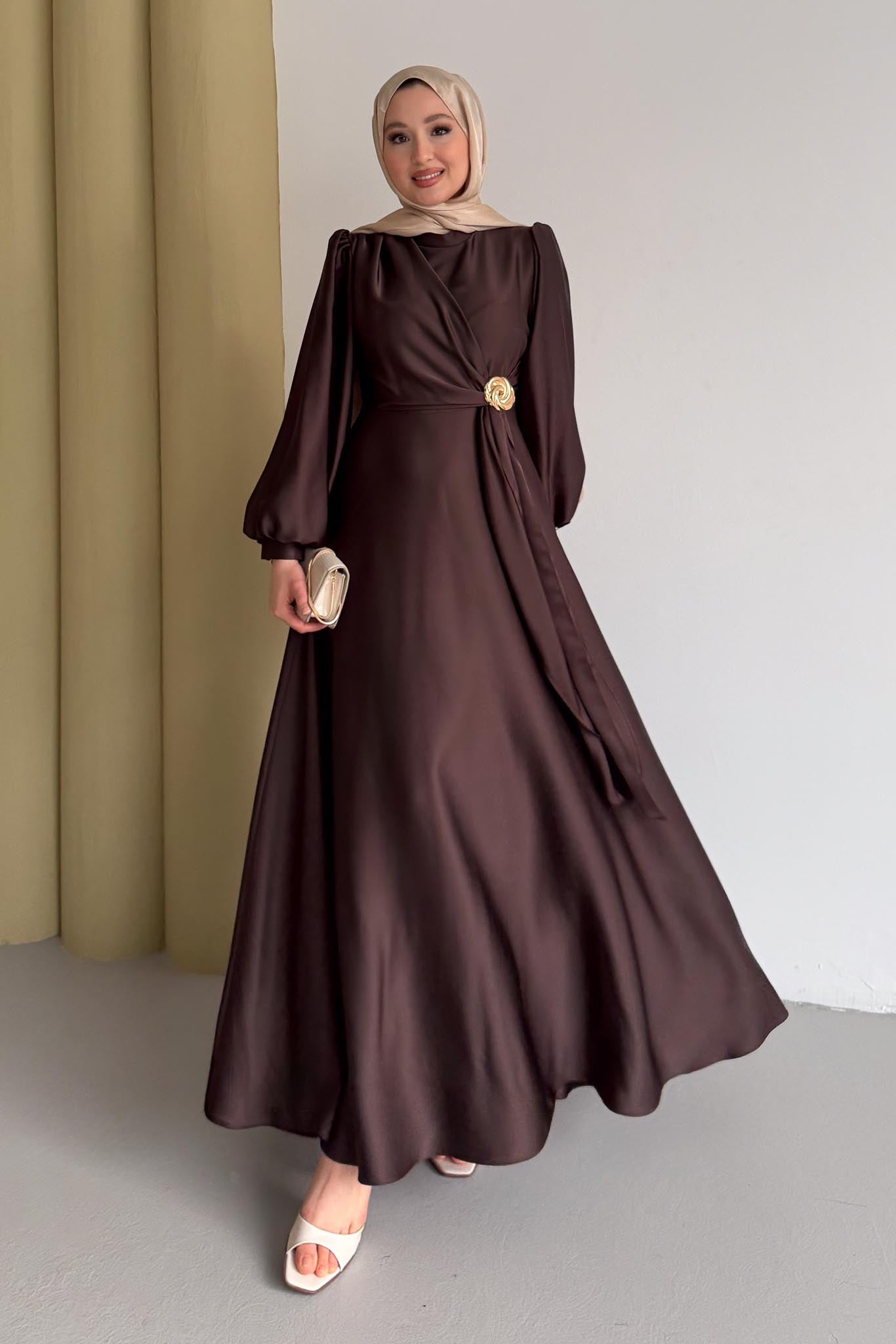 Şura Broş Saten Abiye Acı Kahverengi