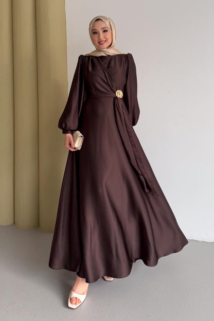 Şura Broş Saten Abiye Acı Kahverengi