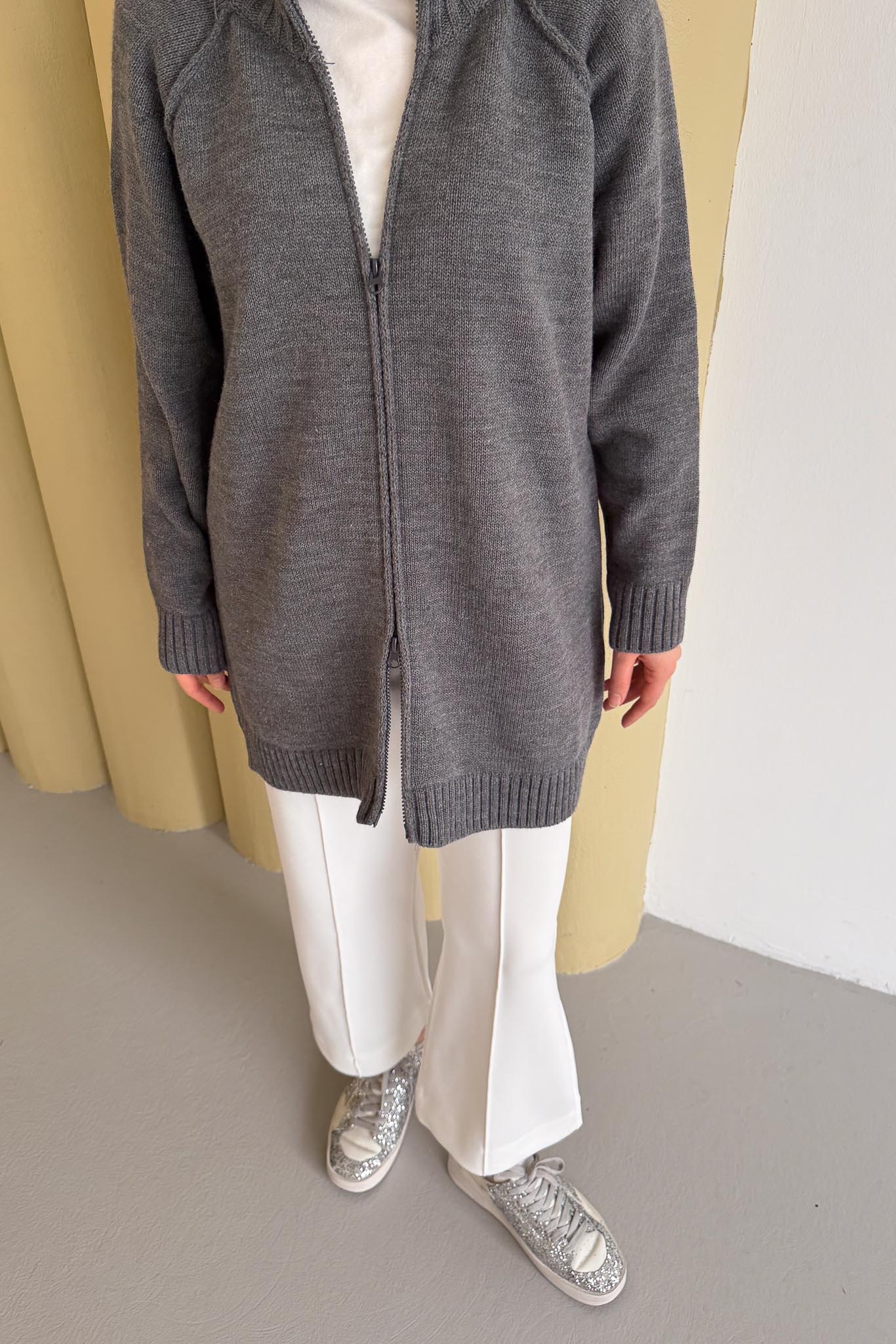 Oversize Fermuarlı Hırka Antrasit