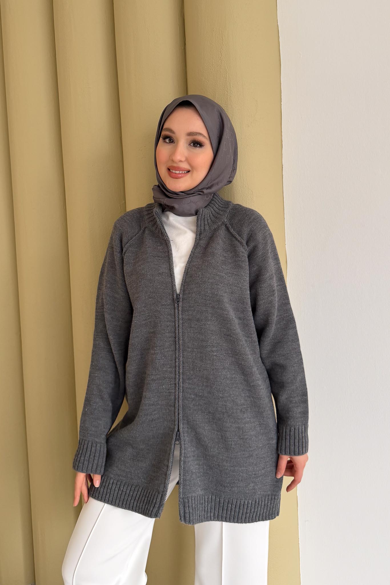 Oversize Fermuarlı Hırka Antrasit