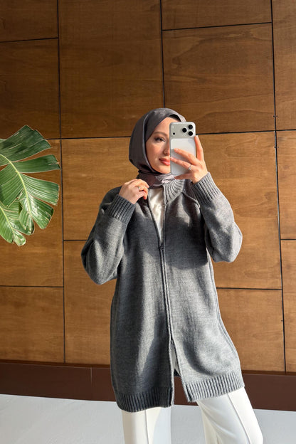 Oversize Fermuarlı Hırka Antrasit