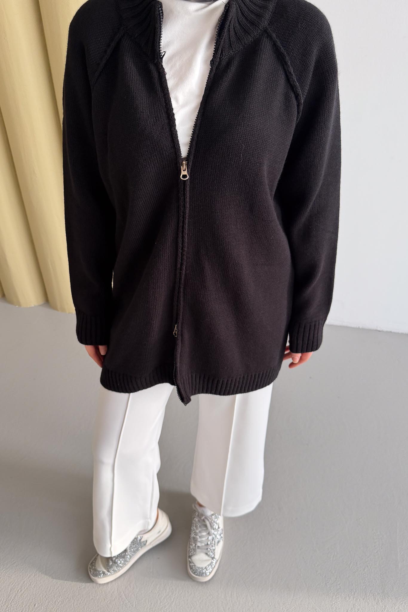 Oversize Fermuarlı Hırka Siyah