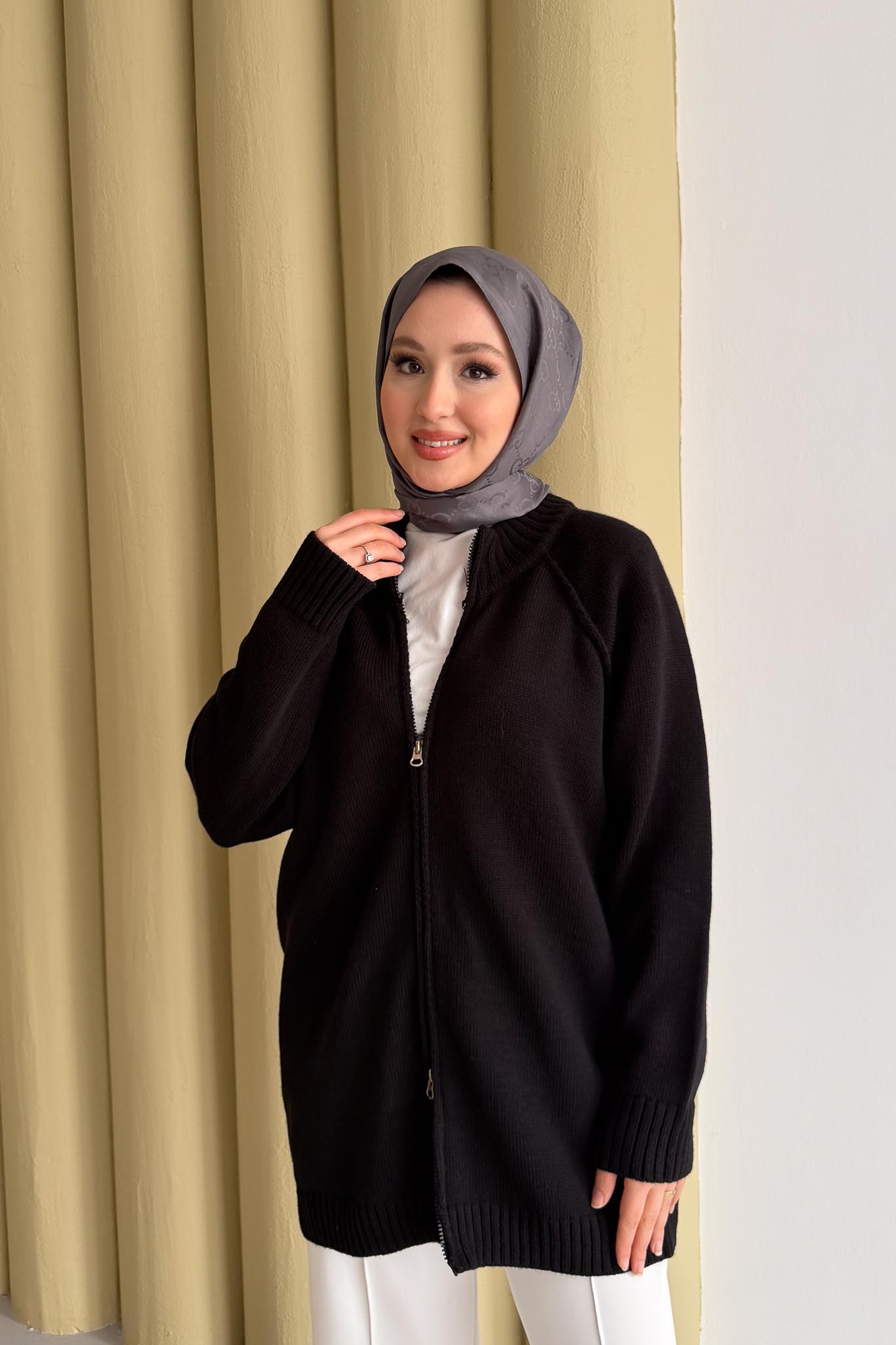 Oversize Fermuarlı Hırka Siyah