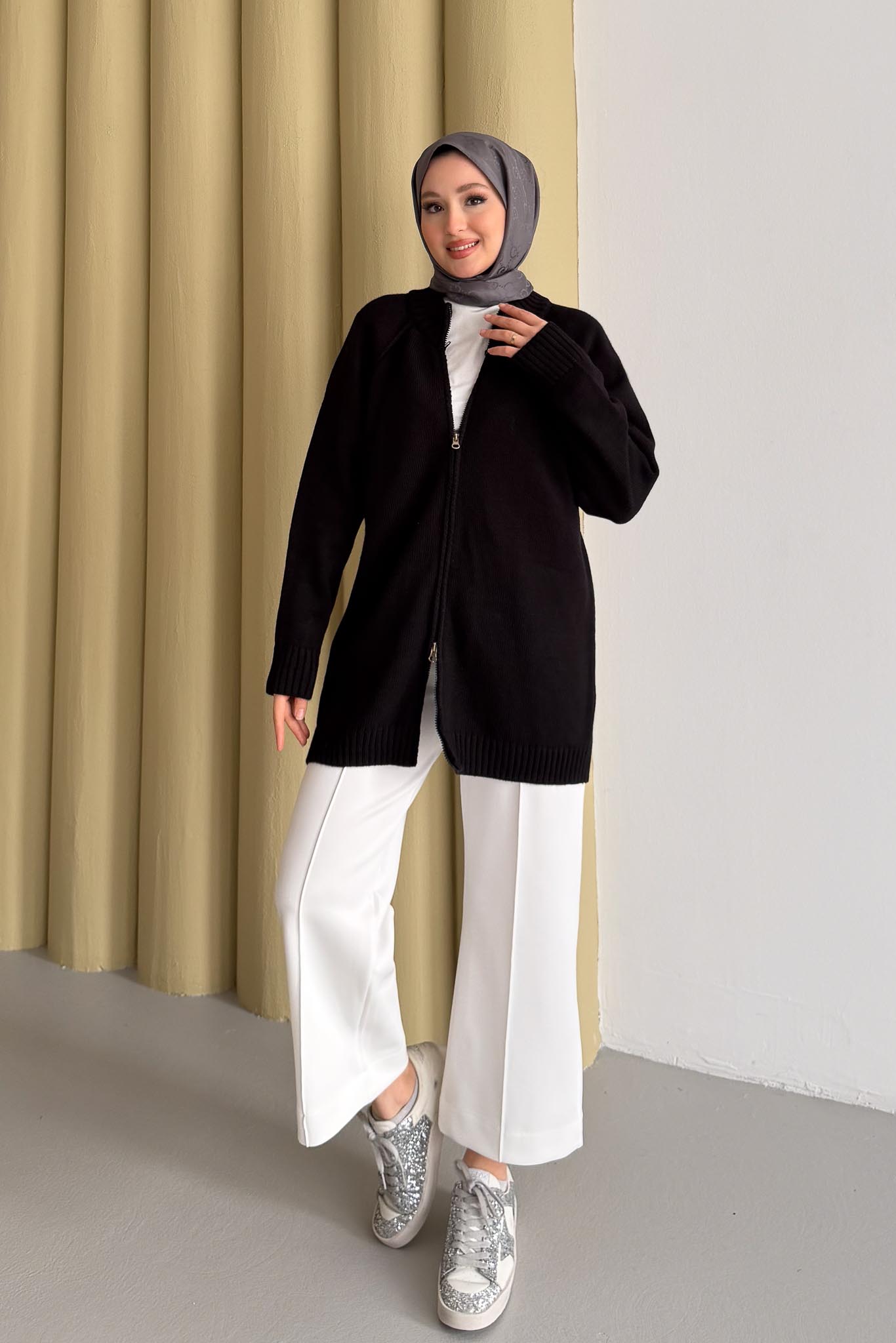 Oversize Fermuarlı Hırka Siyah