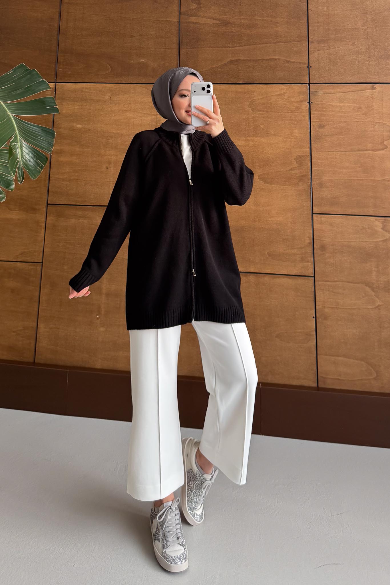 Oversize Fermuarlı Hırka Siyah