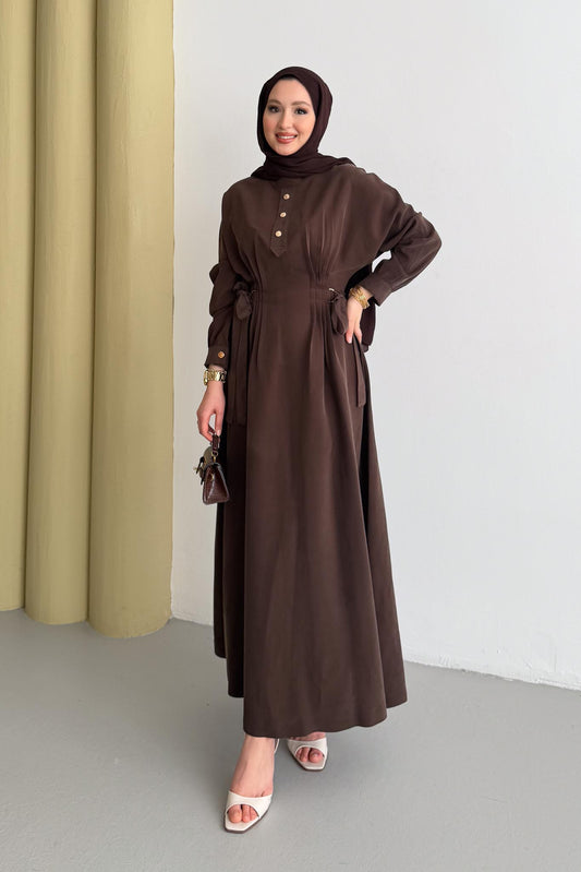 Nervür Detaylı Elbise Kahverengi