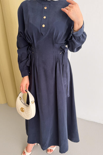 Nervür Detaylı Elbise Lacivert