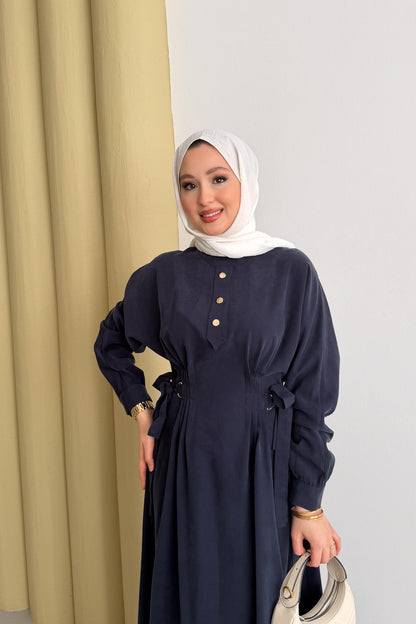 Nervür Detaylı Elbise Lacivert
