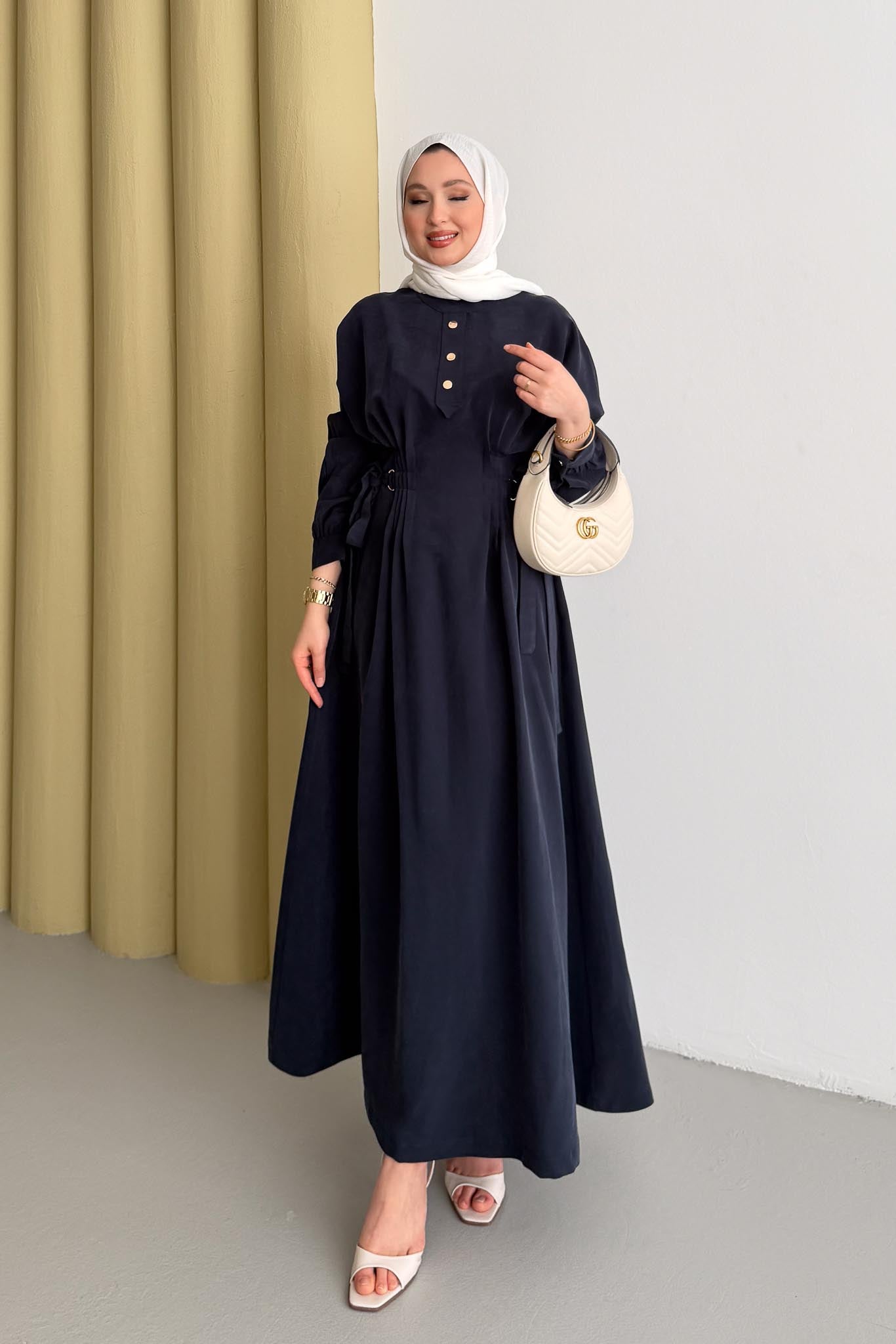 Nervür Detaylı Elbise Lacivert