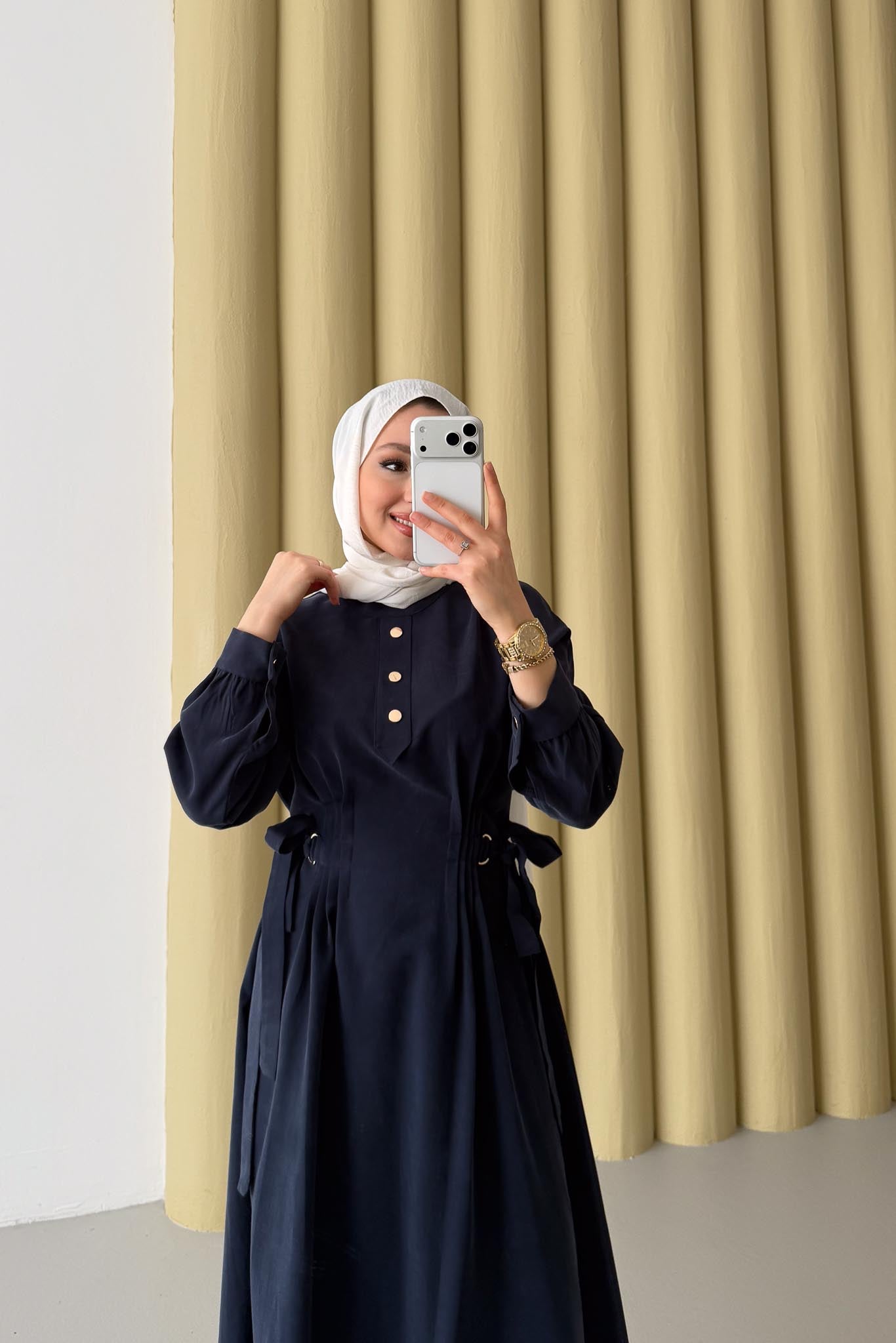 Nervür Detaylı Elbise Lacivert