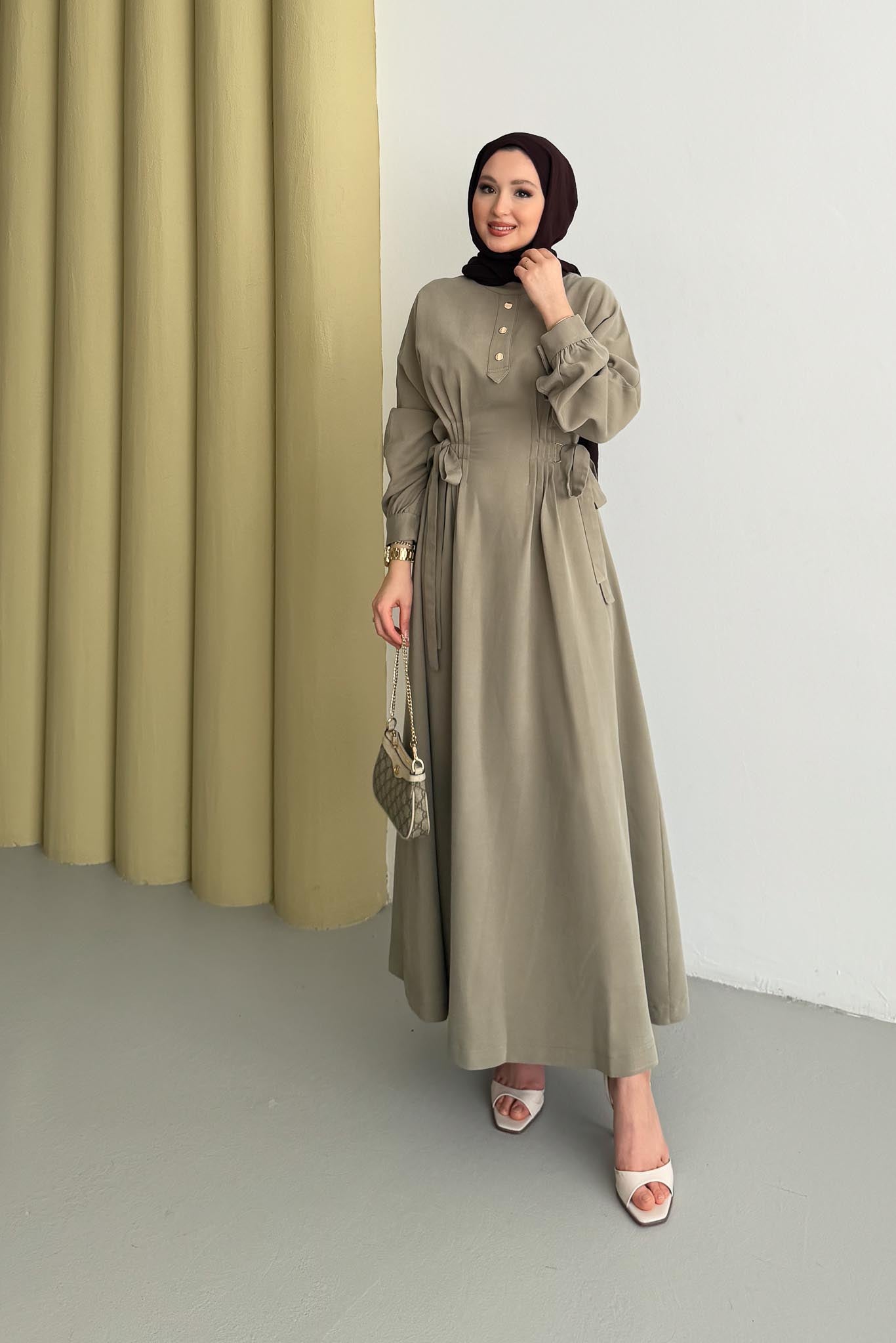 Nervür Detaylı Elbise Su Yeşili