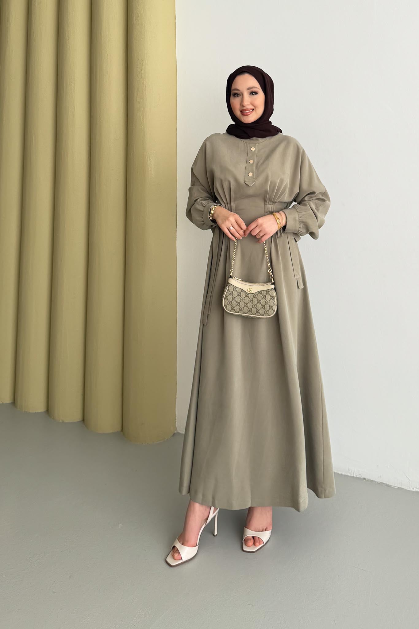 Nervür Detaylı Elbise Su Yeşili