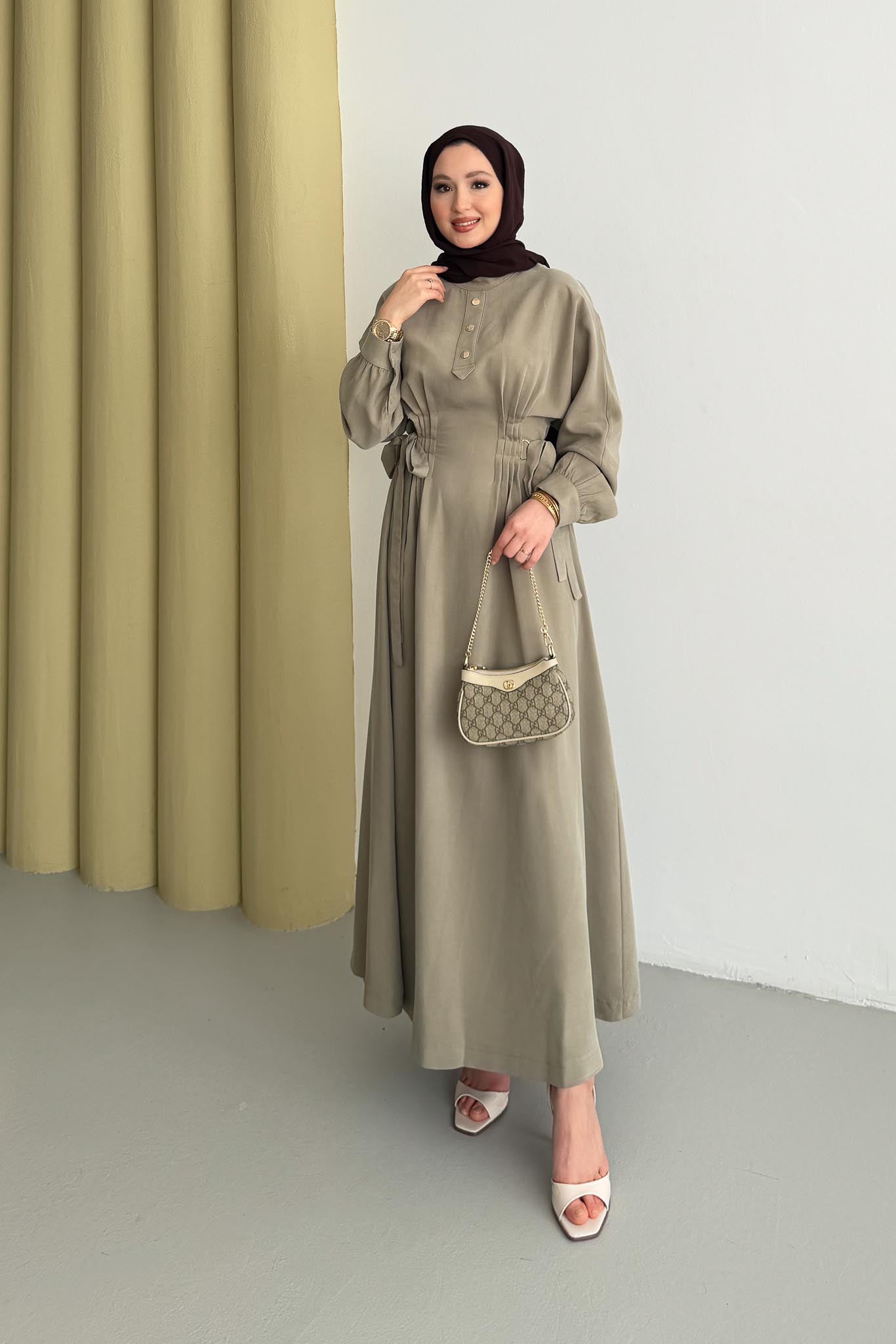 Nervür Detaylı Elbise Su Yeşili