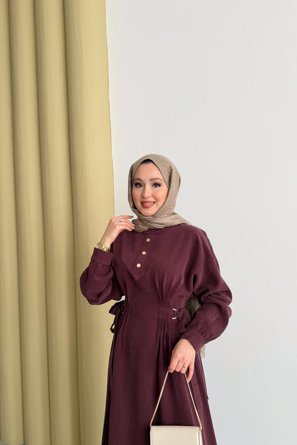 Nervür Detaylı Elbise Bordo