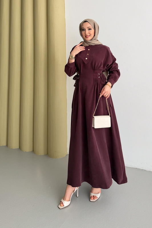 Nervür Detaylı Elbise Bordo