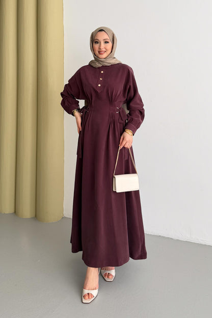 Nervür Detaylı Elbise Bordo