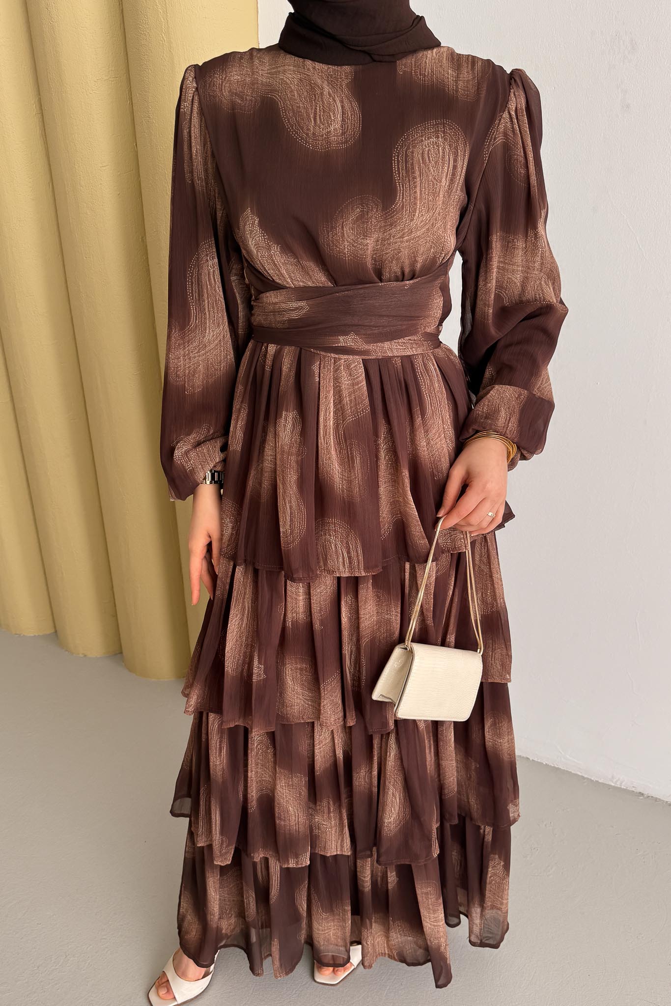 Fırça Desenli Elbise Taba