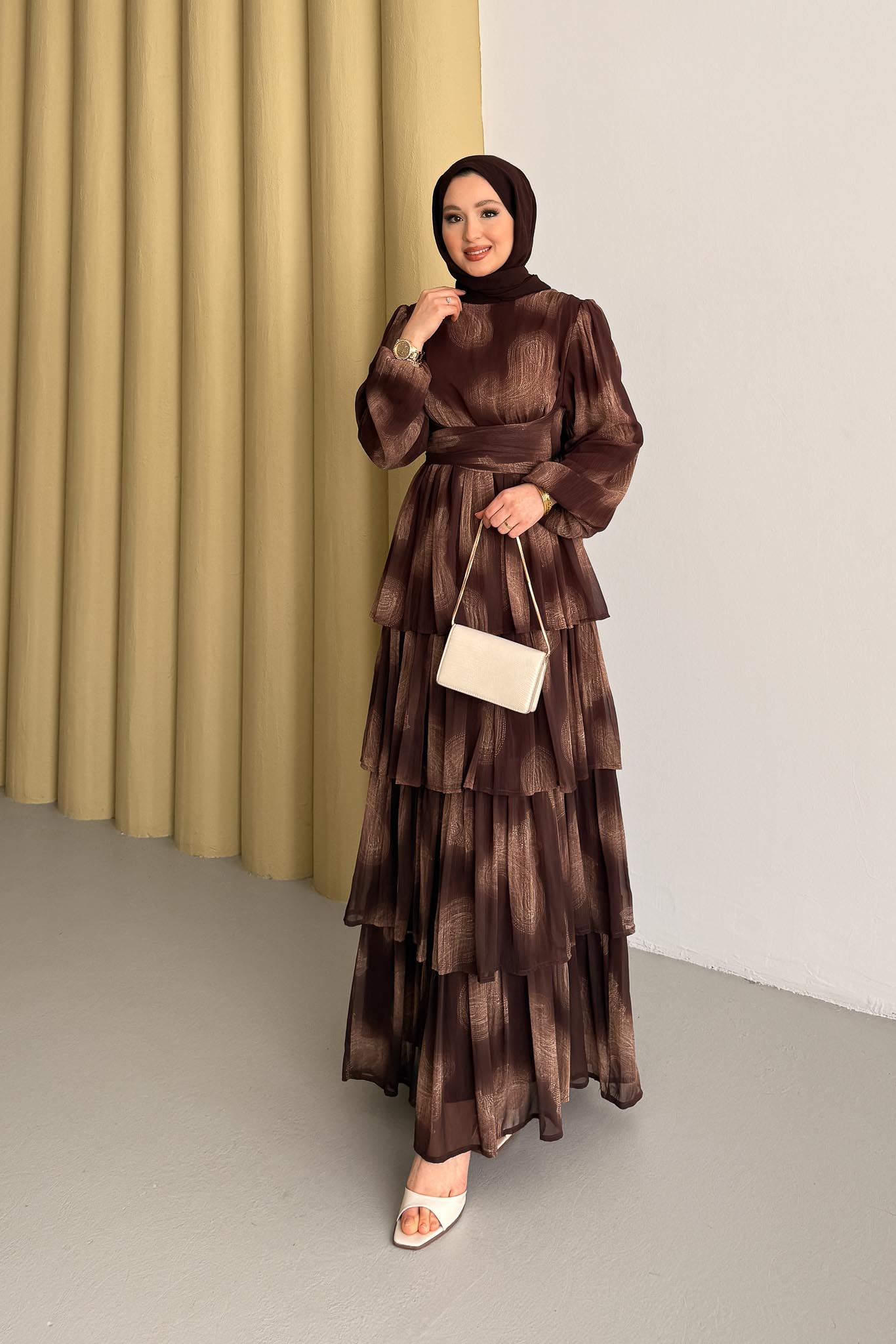 Fırça Desenli Elbise Taba