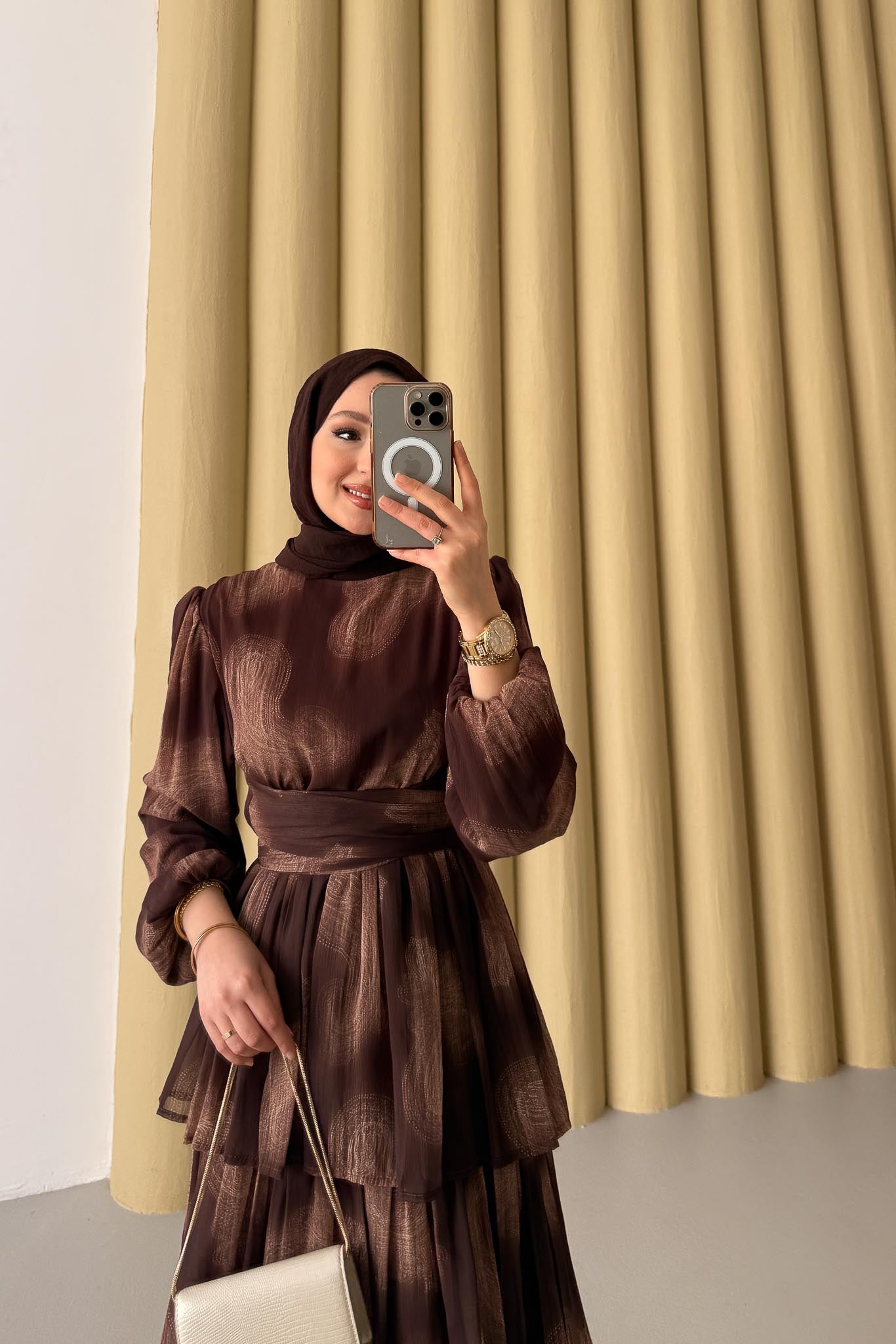 Fırça Desenli Elbise Taba