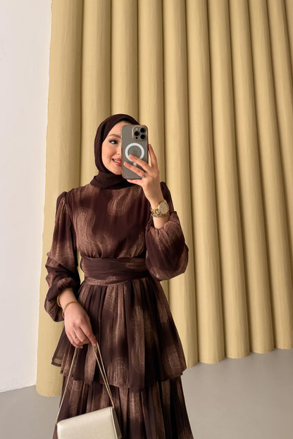 Fırça Desenli Elbise Taba