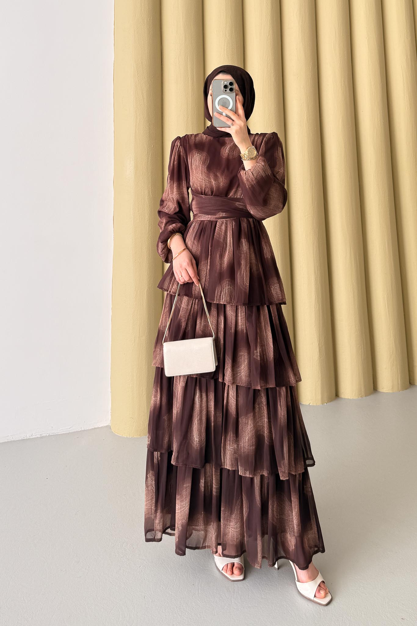 Fırça Desenli Elbise Taba