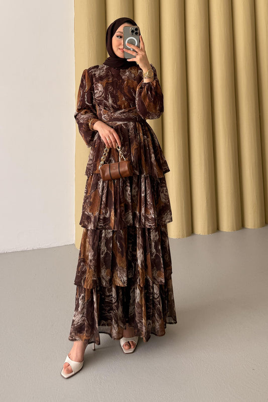 Pinar Desenli Elbise Karamel