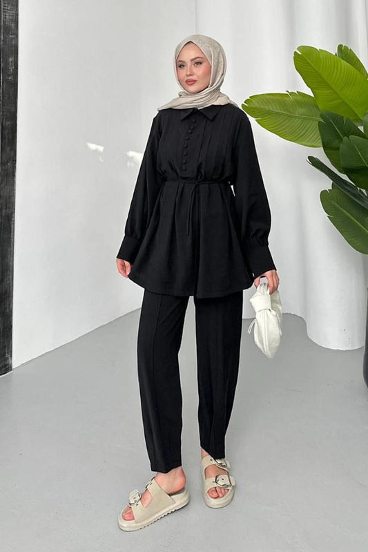Düğmeli Tansel Takım Siyah