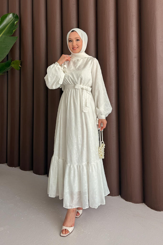 Yaprak Desen Elbise Beyaz