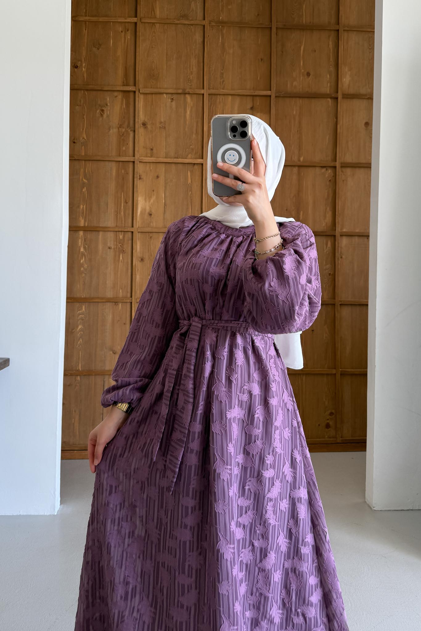 Layer Yaprak Desen Elbise Mor