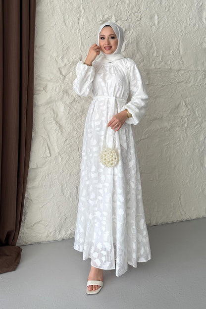 Layer Yaprak Desen Elbise Beyaz