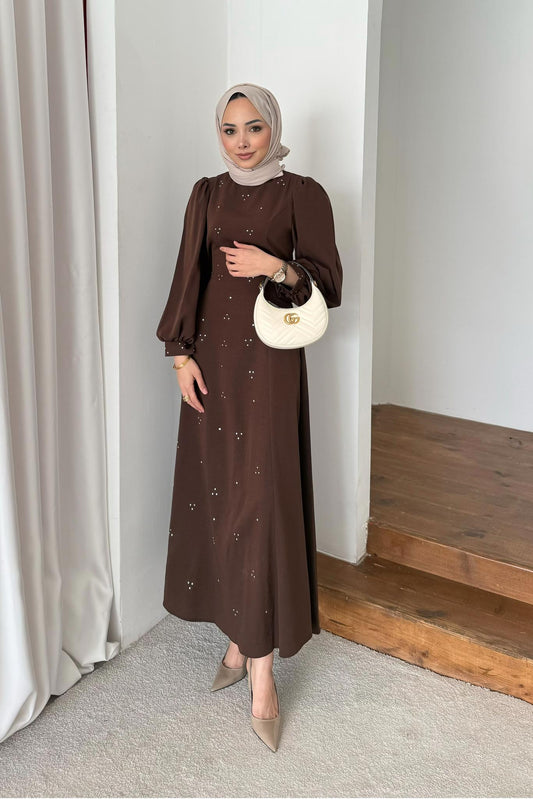 Luca Taşlı Elbise Kahverengi