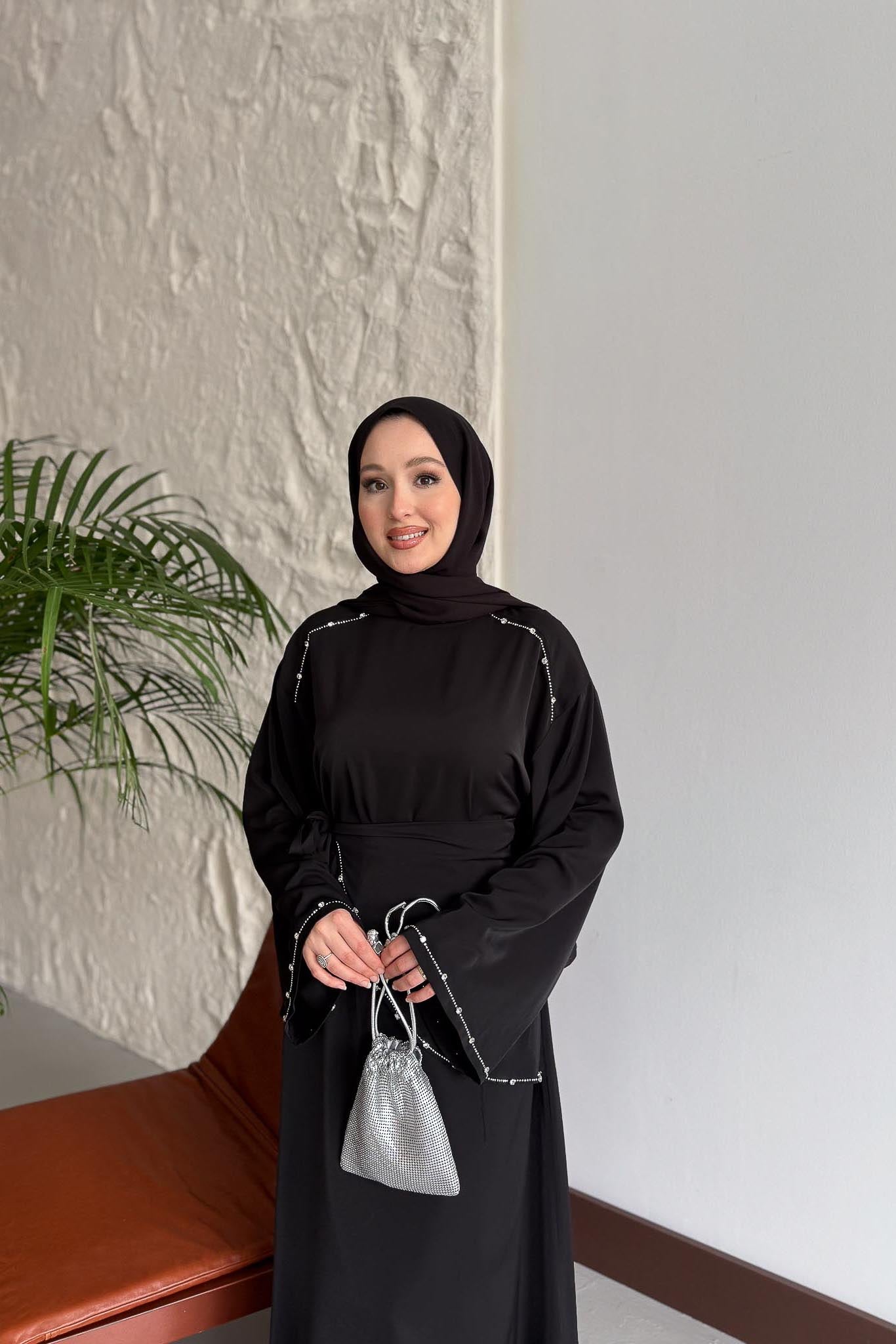Taş Detaylı Abiye Elbise Siyah