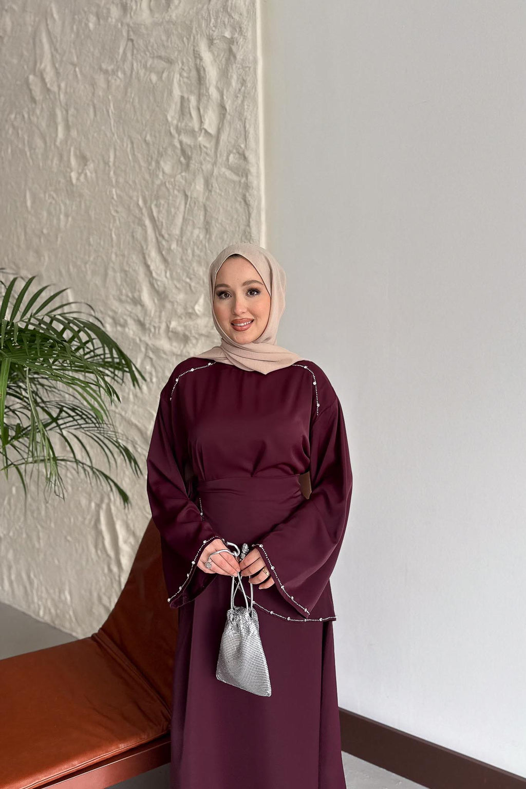 Taş Detaylı Abiye Elbise Mürdüm