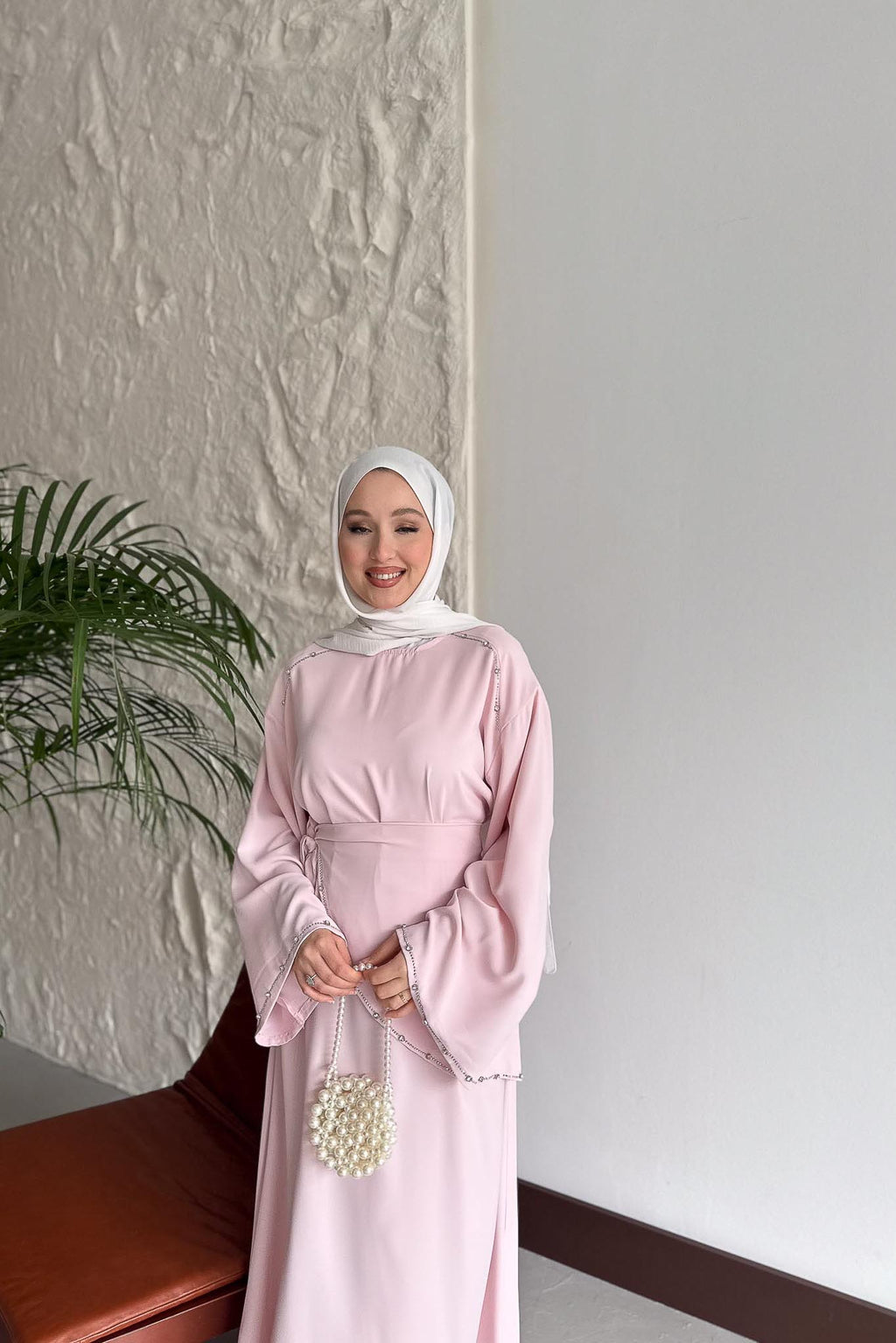 Taş Detaylı Abiye Elbise Pembe