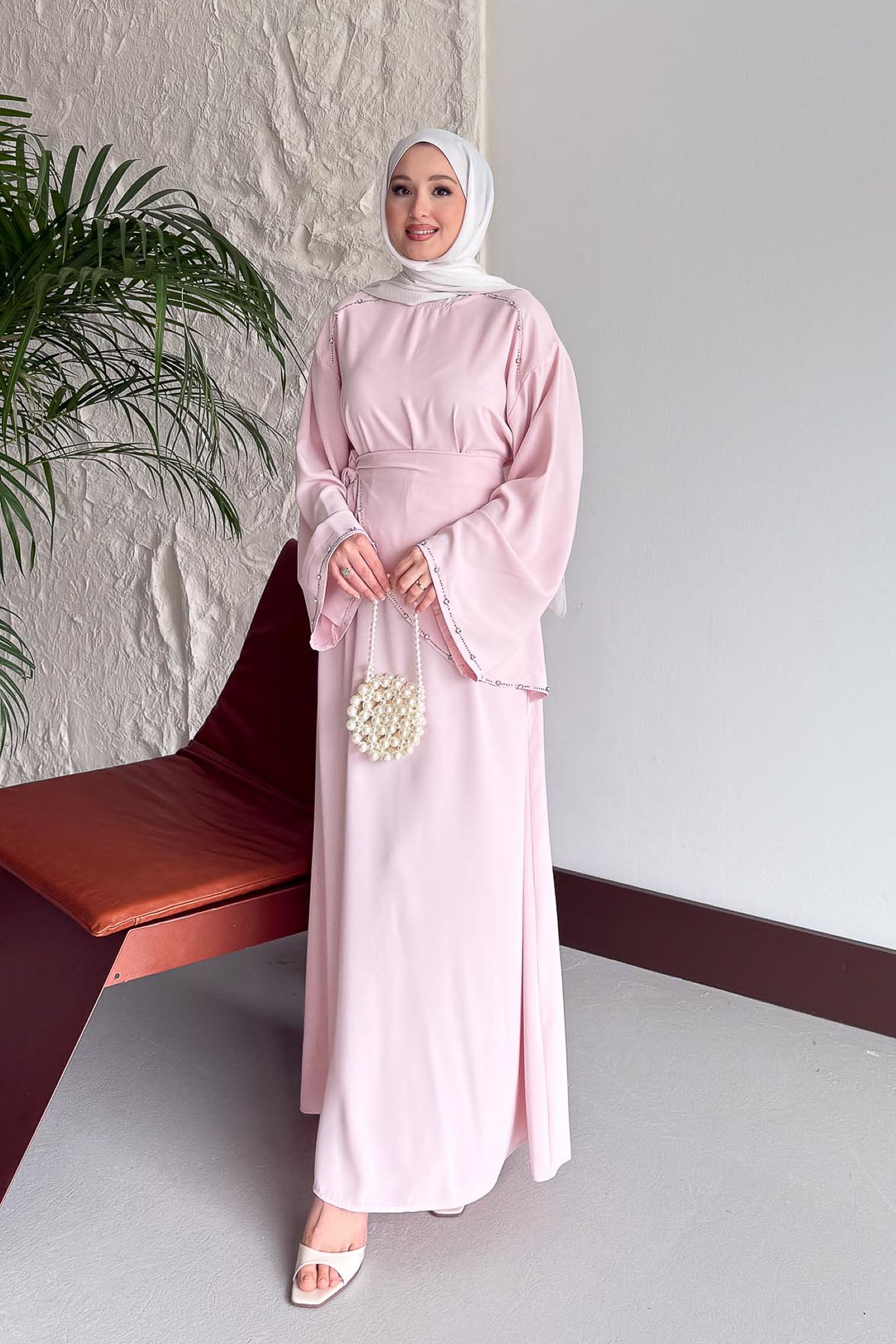 Taş Detaylı Abiye Elbise Pembe